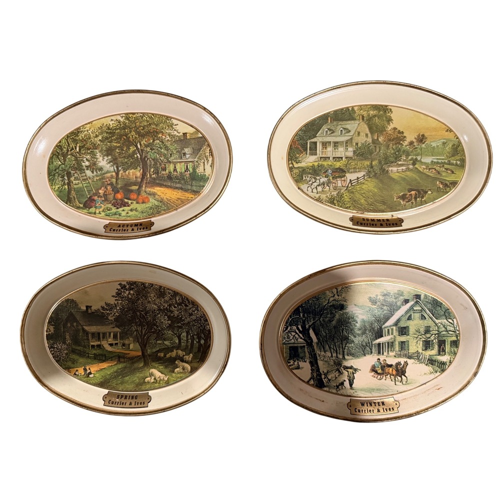 Vintage Currier & Ives American Homestead Four Season Metal Tray Set madein USA